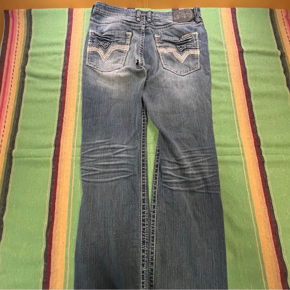 Salvage Mayhem Jeans Mens 32x33 Blue Bootcut Thick Stitch Distressed AZ74